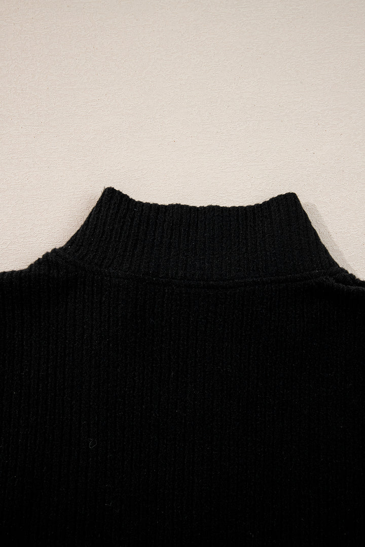 Black Ribbed Zip Stand Neck Drop Shoulder Pullover Bodycon Skirt 2pcs Set