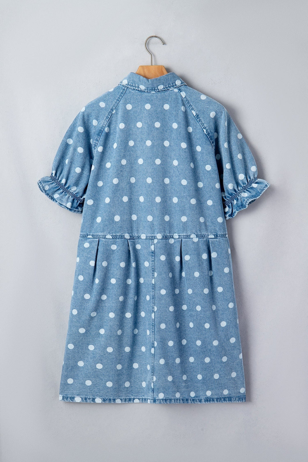 Sky Blue Polka Dot Print Ruffled Short Puff Sleeve Button Down Loose Denim Dress