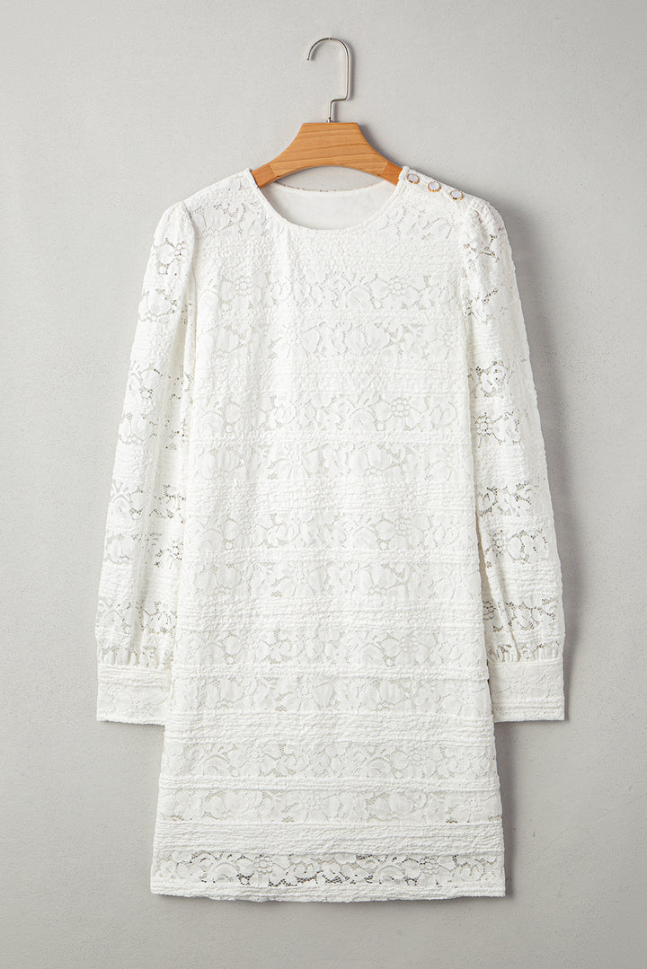 White Lace Crochet Round Neck Puff Sleeve Shift Mini Dress
