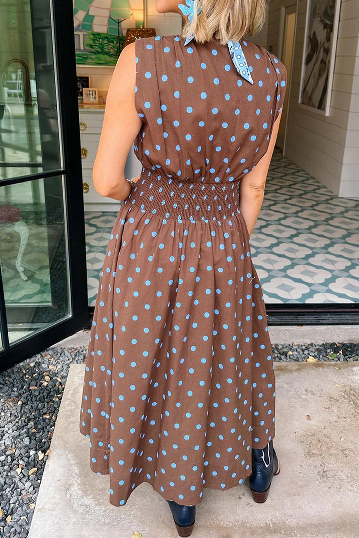 Brown Polka Dot Print Contrast Trim V Neck Zip Up Cotton Sleeveless Dress
