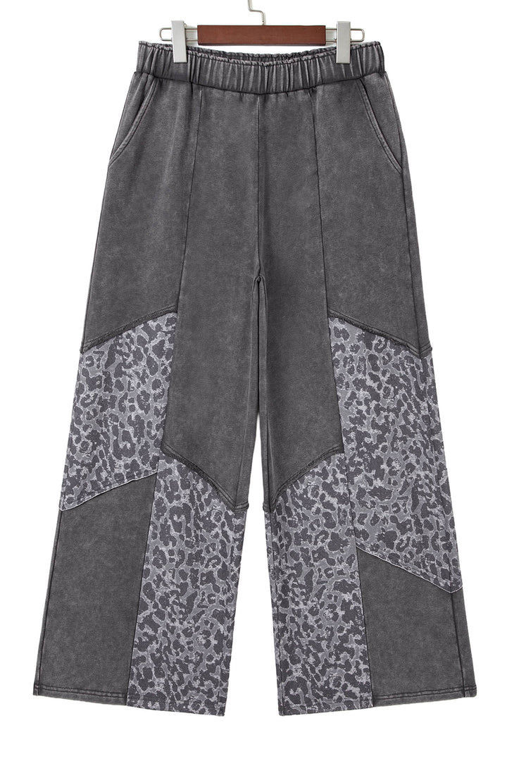 Dark Grey Mineral Wash Leopard Patchwork Loose Pants