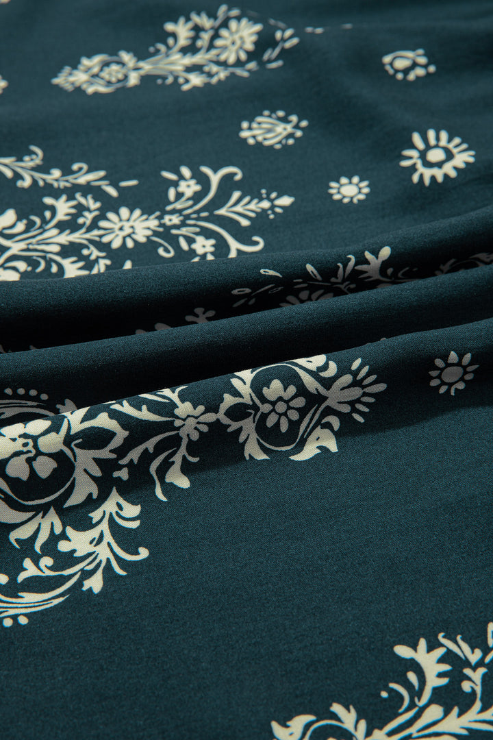 Blue Boho Floral Print Lettuce Trim 3/4 Sleeve Mini Dress