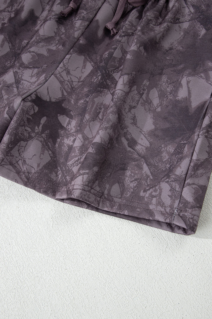 Brown Abstract Woodland Camo Print Baggy Pullover Drawstring Shorts Set