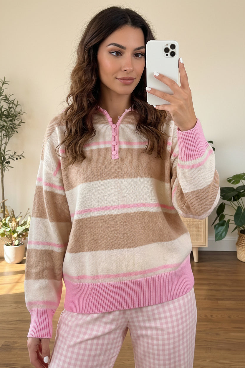 Khaki Stripe Striped Drop Shoulder Button Placket Long Sleeve Sweater