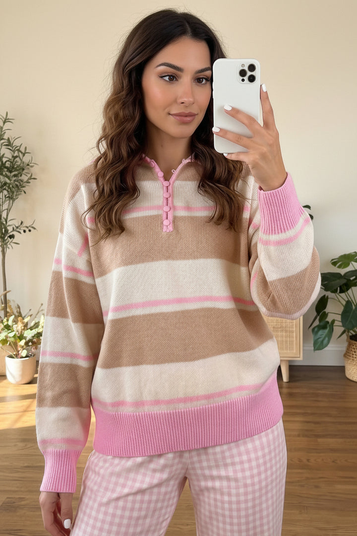 Khaki Stripe Striped Drop Shoulder Button Placket Long Sleeve Sweater
