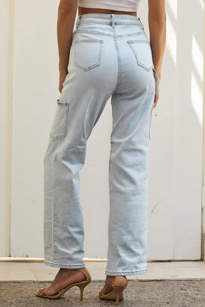 Sky Blue Multi Pocketed Y2K Street Fashion Shift Jeans