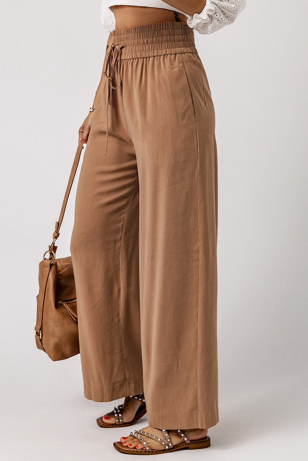 Brown Drawstring Elastic Waist Casual Wide Leg Pants | Women