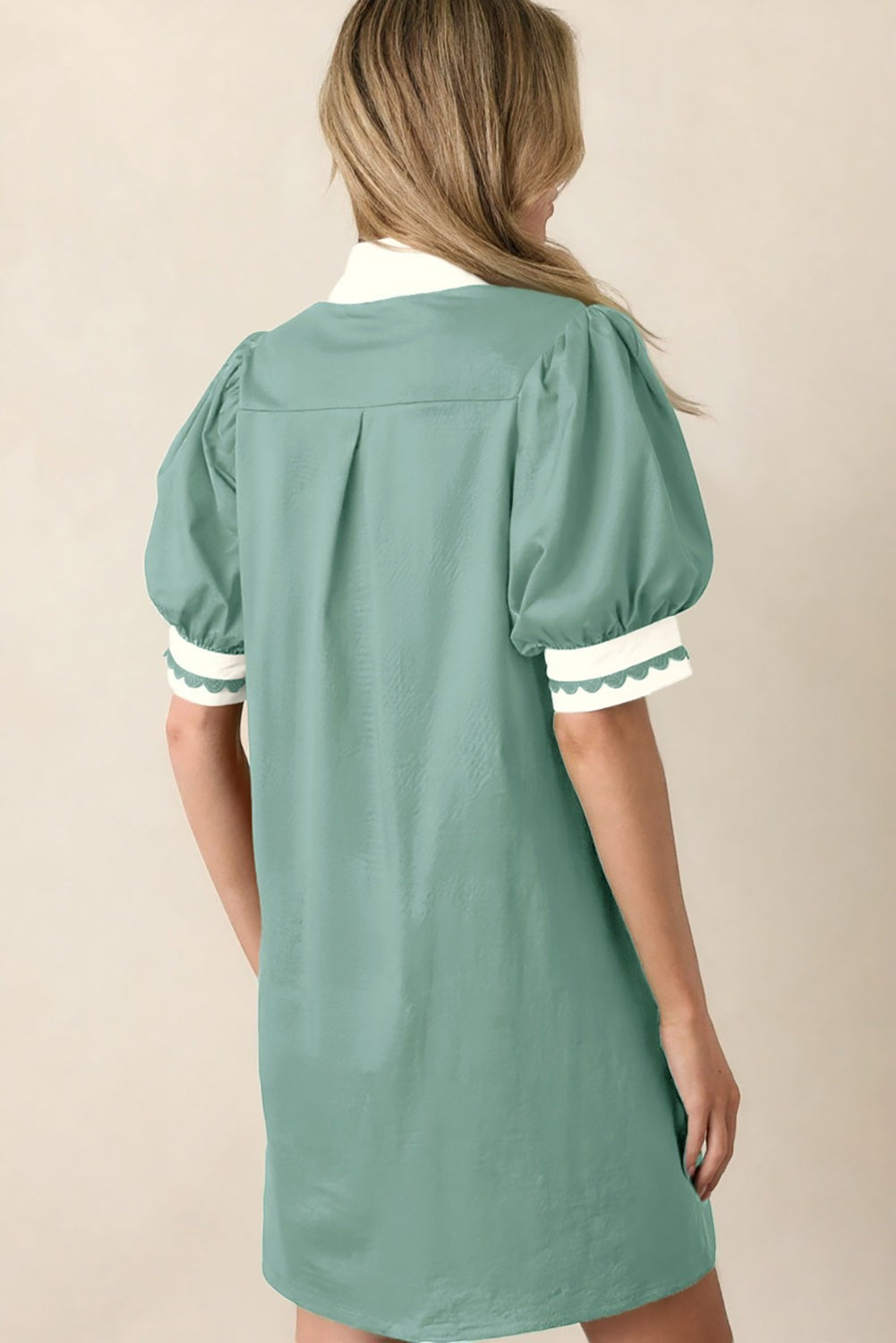 Canton Scallop Color Block Trim Puff Sleeve Mini Dress