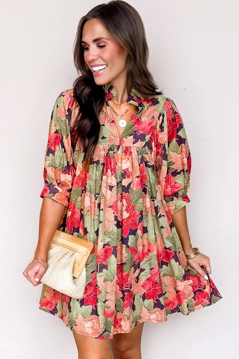 Green Floral Print Frilled Collar V Neck Half Sleeve Mini Dress