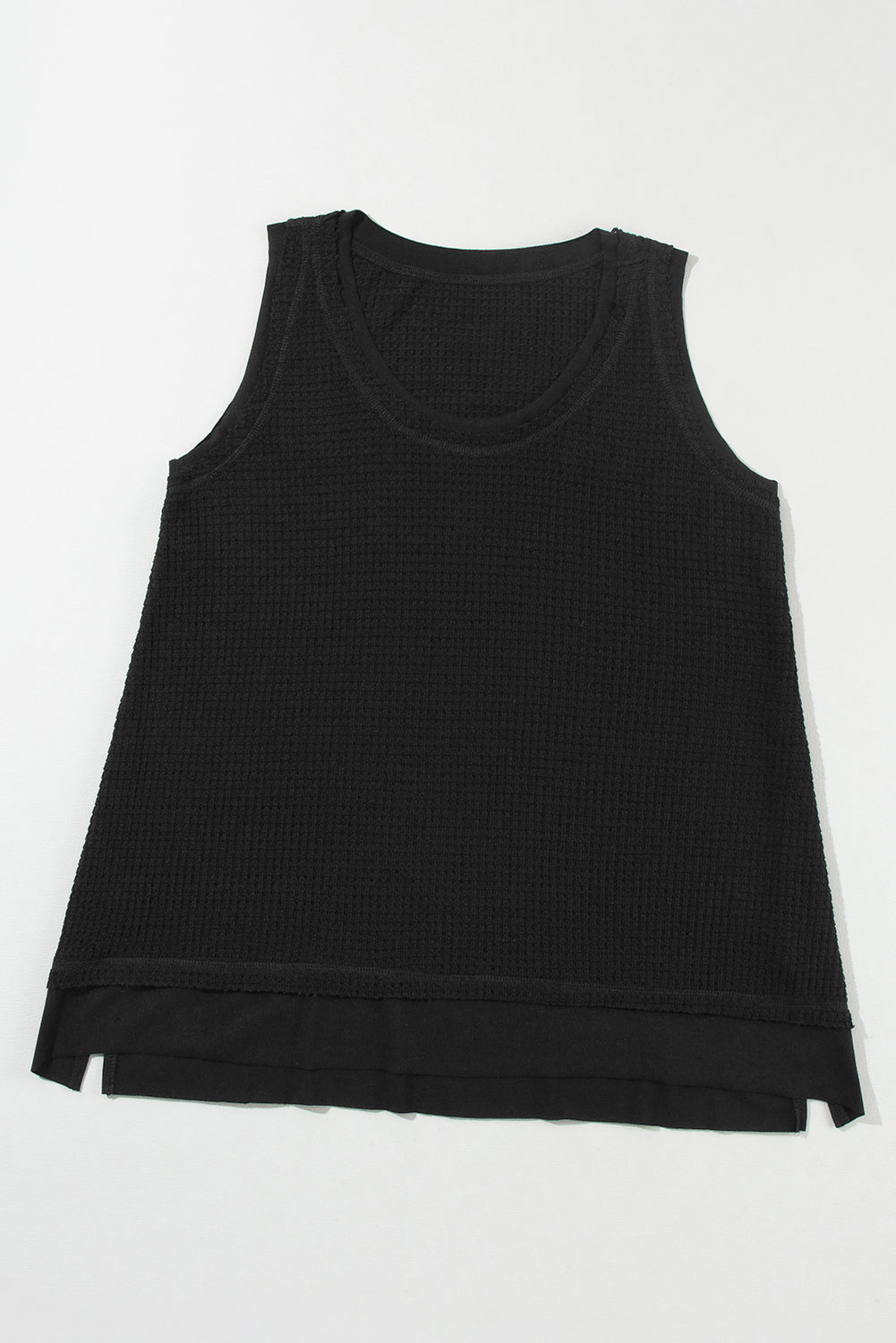 Black Scoop Neck Waffle Knit Flowy Vest | Women