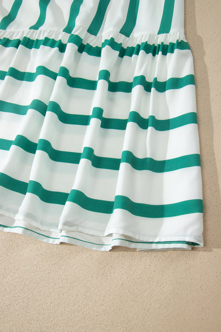 Sky Blue Stripe Ricrac Trim Notched Neck Half Sleeve Vacation Dress