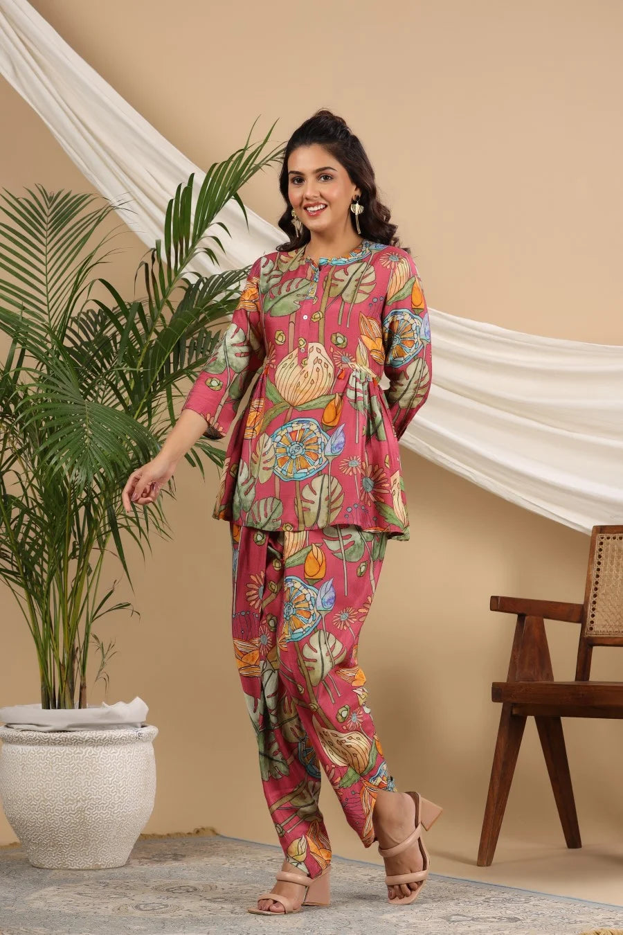 Viscose Pink Print Coord set | Women