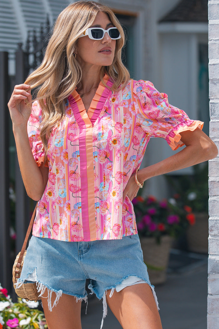 Pink Poppy Flower Striped Print Color Block Trim V Neck Short Sleeve Cotton Blouse