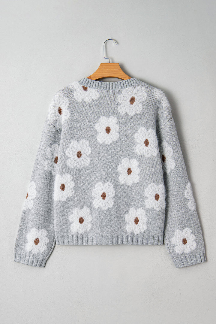 Gray Cute Flower Print V Neck Drop Shoulder Baggy Sweater
