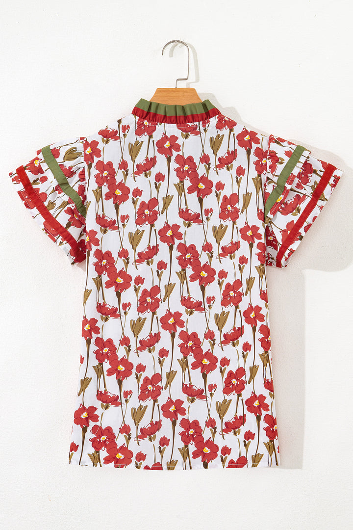 Red Floral Print Contrast Trim V Neck Double Ruffled Short Sleeve Blouse