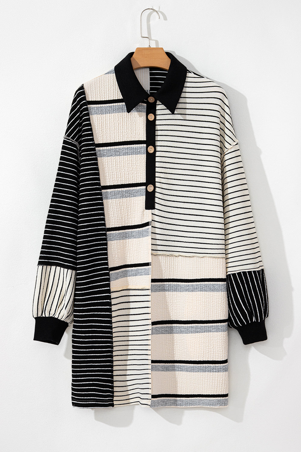 Black Stripe Colorblock Knit Henley Collar Shift Long Sleeve Mini Dress