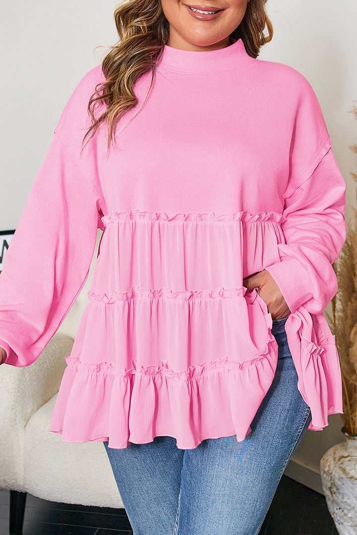 Pink Tiered Ruffle Ribbed Crew Neck Pullover Plus Size Top
