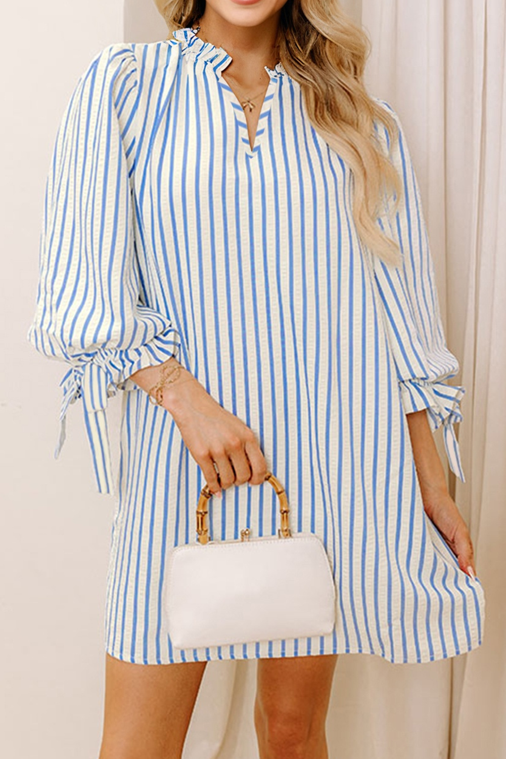 Sky Blue Stripe Knotted Bracelet Sleeve Notched Neck Shift Mini Dress