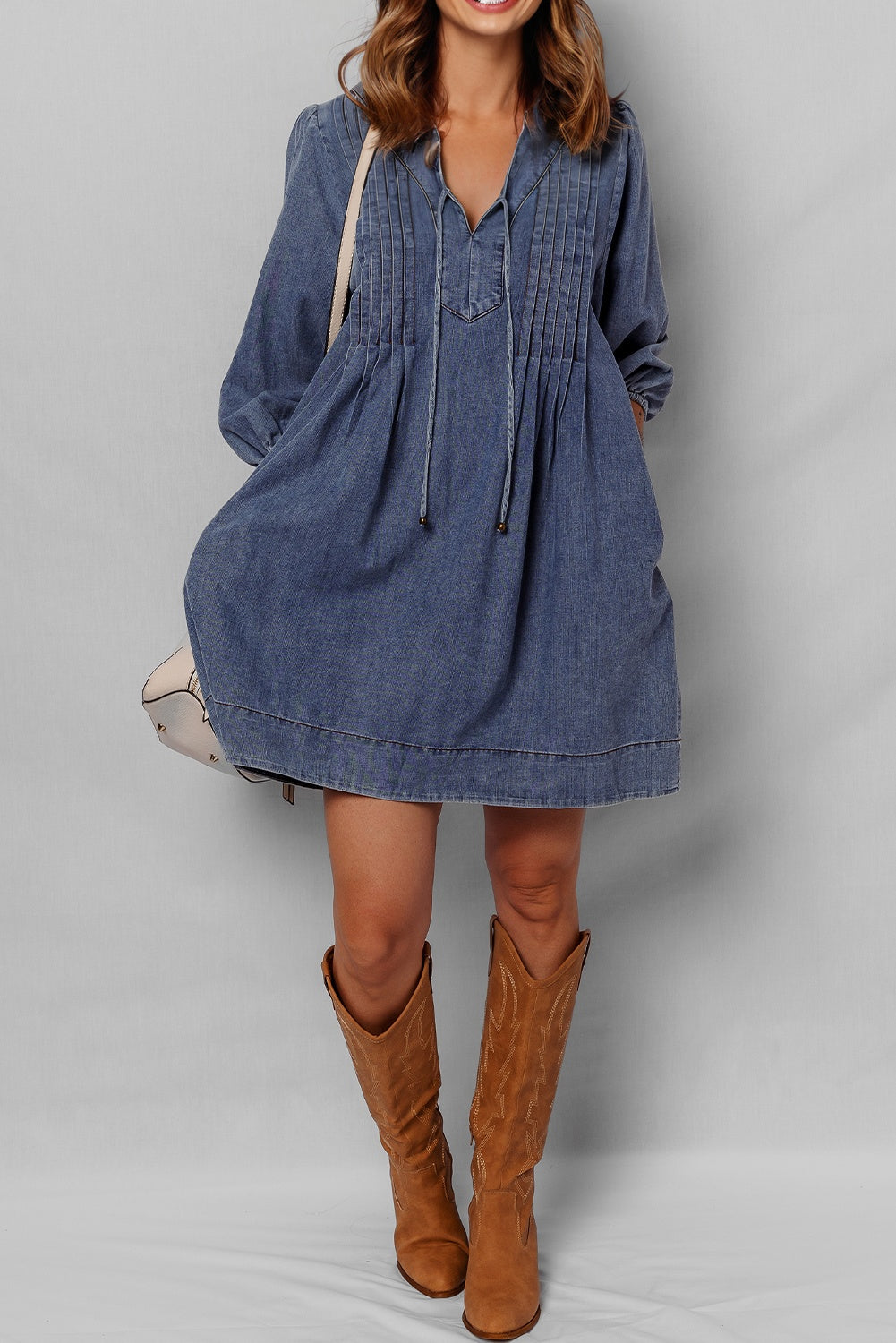 Sail Blue 3/4 Sleeve Tied V Neck Pleated Denim Mini Dress