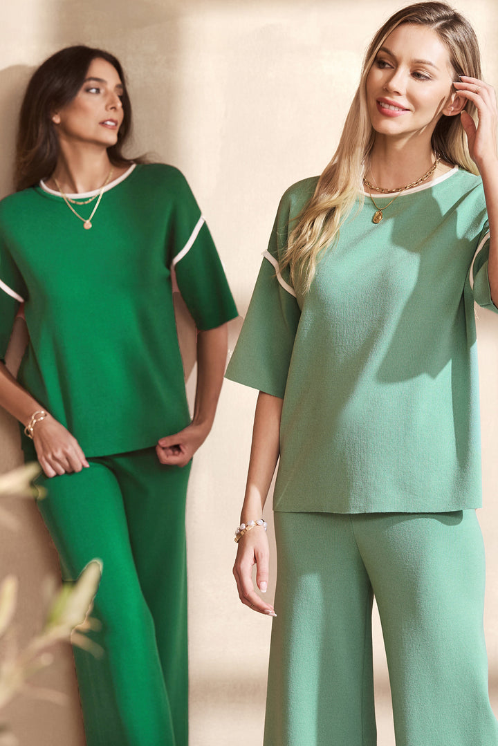 Canton Contrast Trim Half Sleeve Top Drawstring Pants Loose 2pcs Sweater Suit