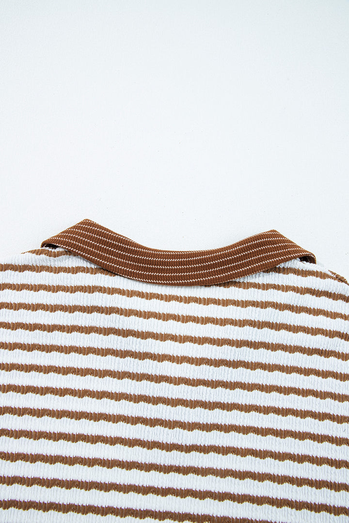 Khaki Stripe Plus Size Collared V Neck Loose Pullover Drawstring Elastic Waist Wide Leg Pant Set