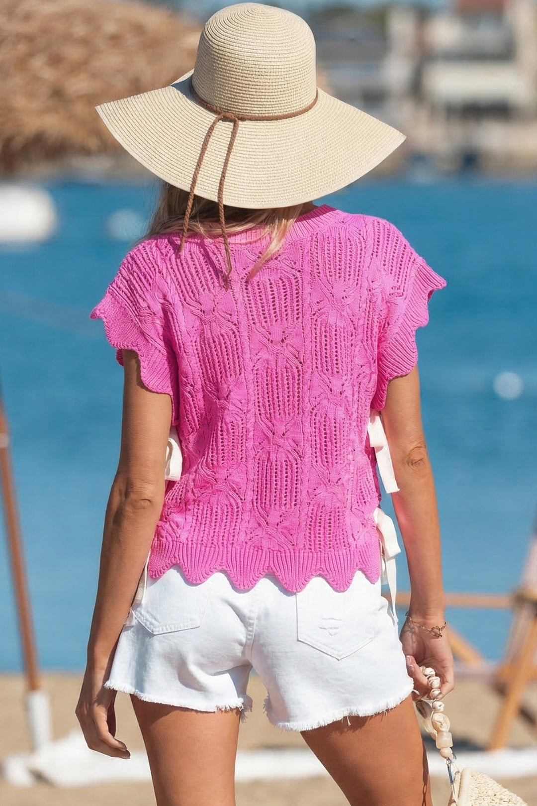 Bonbon Pointelle Knit Patterned Scalloped Trim Short Sleeve Sweater