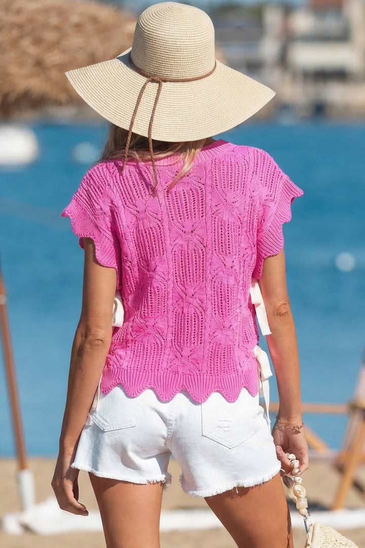 Bonbon Pointelle Knit Patterned Scalloped Trim Short Sleeve Sweater