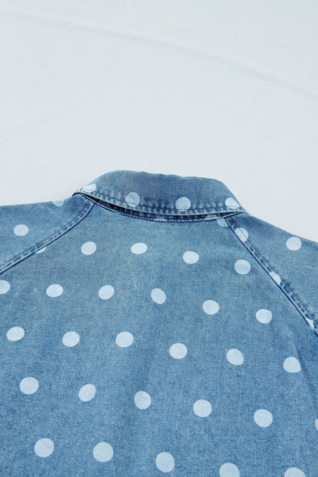 Sky Blue Polka Dot Print Ruffled Short Puff Sleeve Button Down Loose Denim Dress