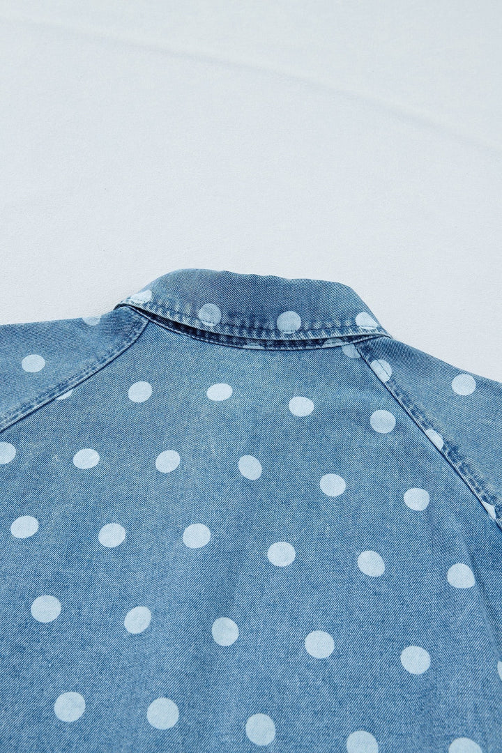 Sky Blue Polka Dot Print Ruffled Short Puff Sleeve Button Down Loose Denim Dress