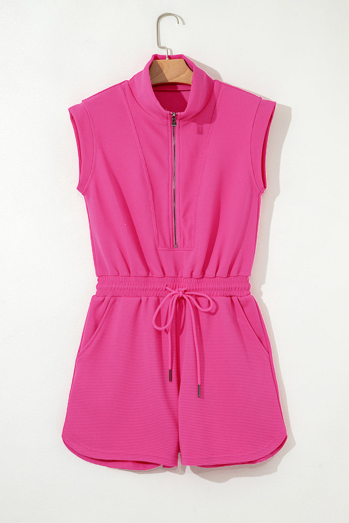 Rose Red Textured Short Sleeve Half Zip Drawstring Elastic Waistband Romper