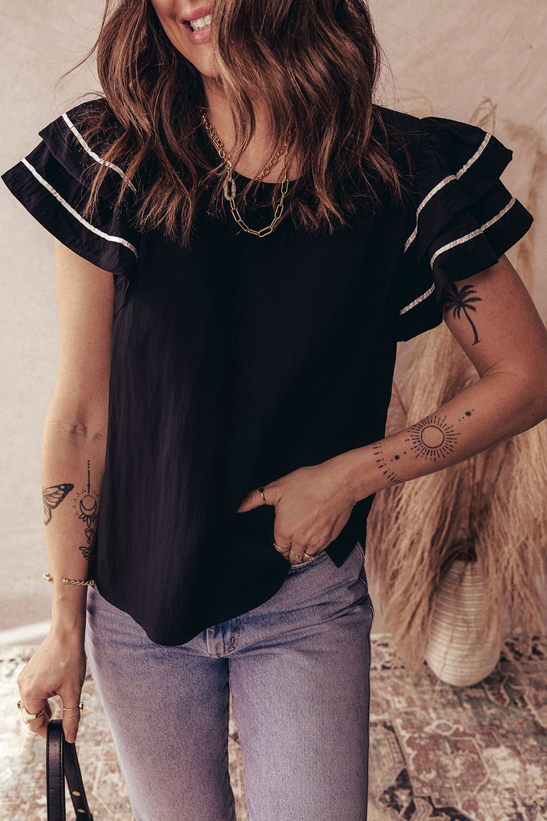 Black Contrast Trim Dual Ruffle Short Sleeve Textured Blouse