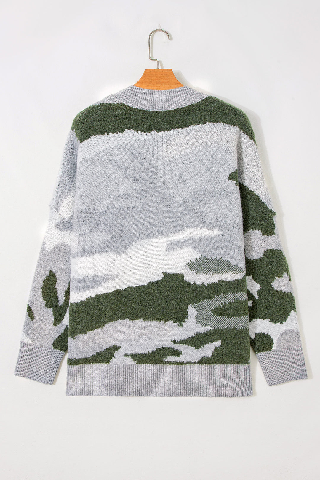 Green Camouflage Drop Shoulder V Neck Button Front Cardigan