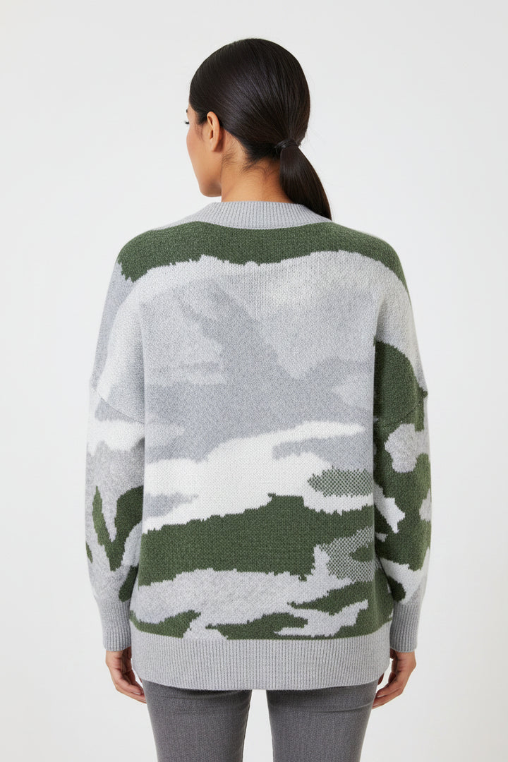 Green Camouflage Drop Shoulder V Neck Button Front Cardigan