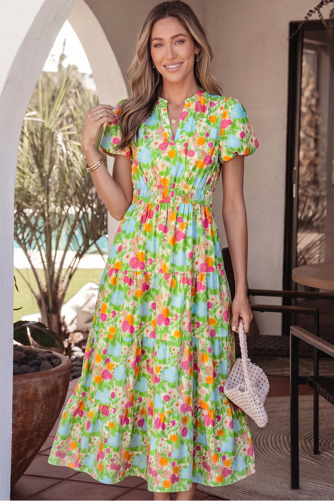Green Floral Print V Neck Short Puff Sleeve Cotton Maxi Dress Errabelly Green Floral Print V Neck Short Puff Sleeve Cotton Maxi Dress Errabelly