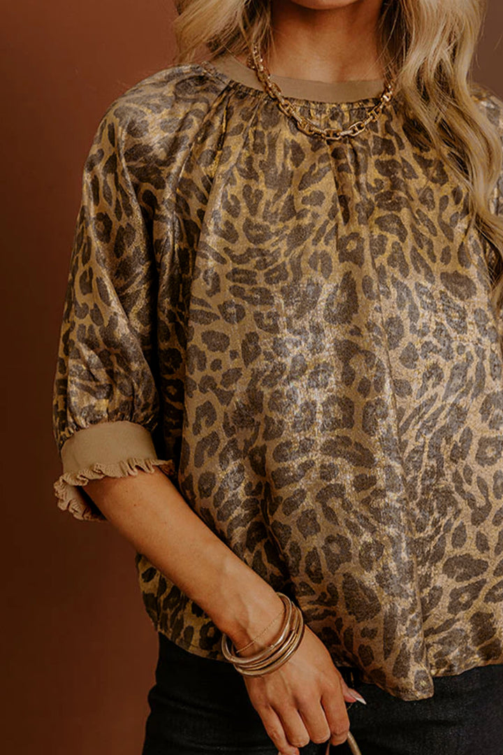 Gold Half Sleeve Metallic Leopard Print Blouse