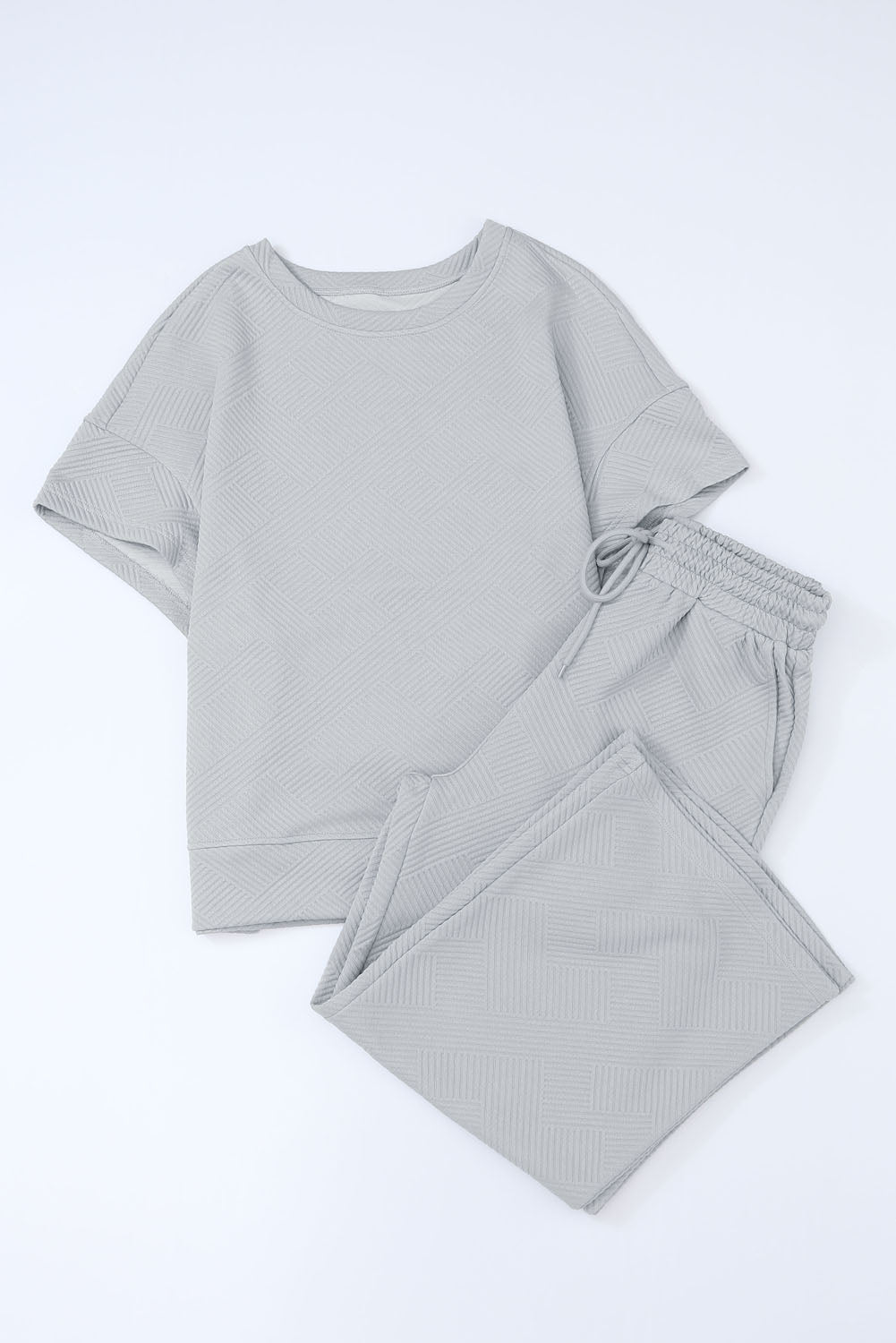 Brown Textured Loose Fit T Shirt and Drawstring Pants Set