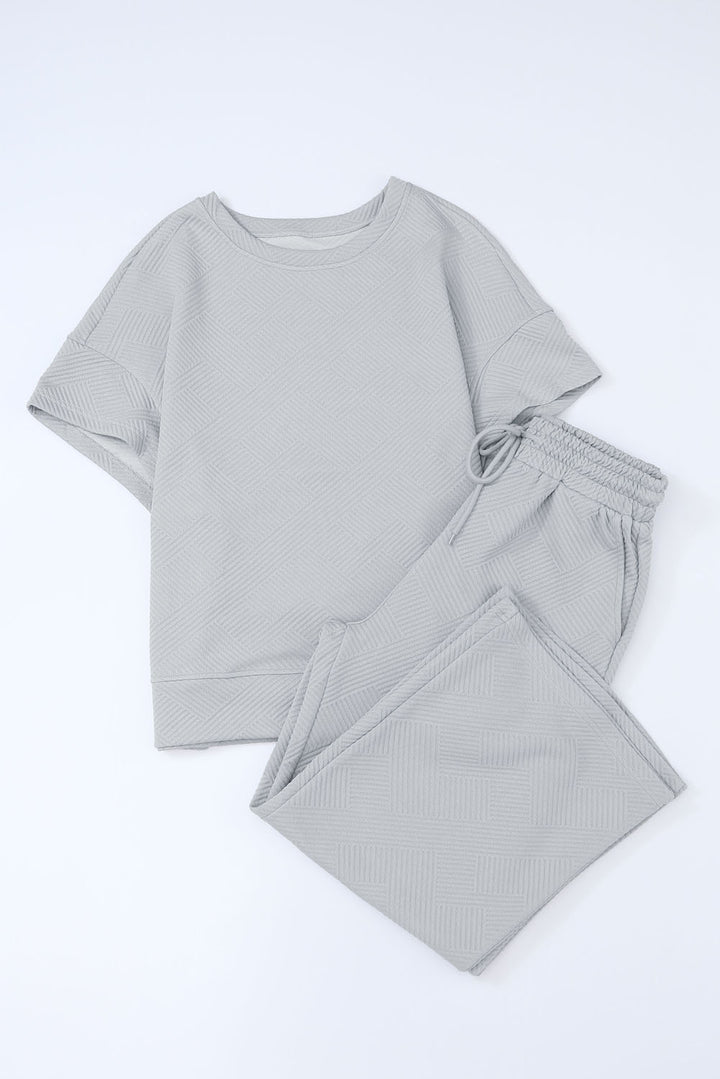 Brown Textured Loose Fit T Shirt and Drawstring Pants Set