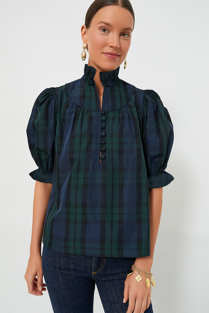 Blackish Green Solid Puff Sleeve Frilled Trim Elegant Blouse