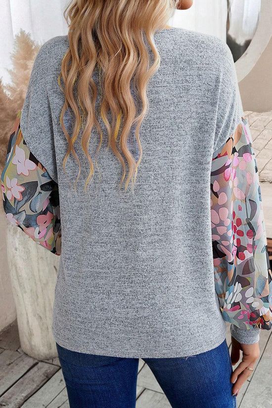 Gray Floral Lantern Sleeve Patchwork Buttoned V Neck Top | Women