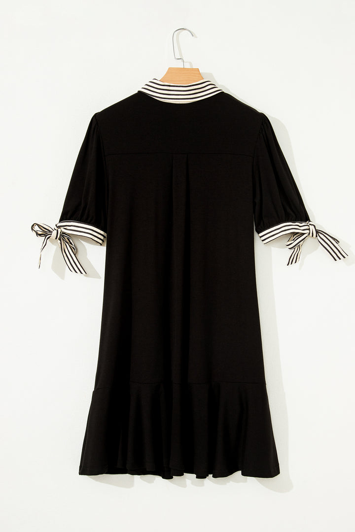 Black Stripe Detail Polo Collar Half Buttons Tied Short Sleeve Shift Mini Dress