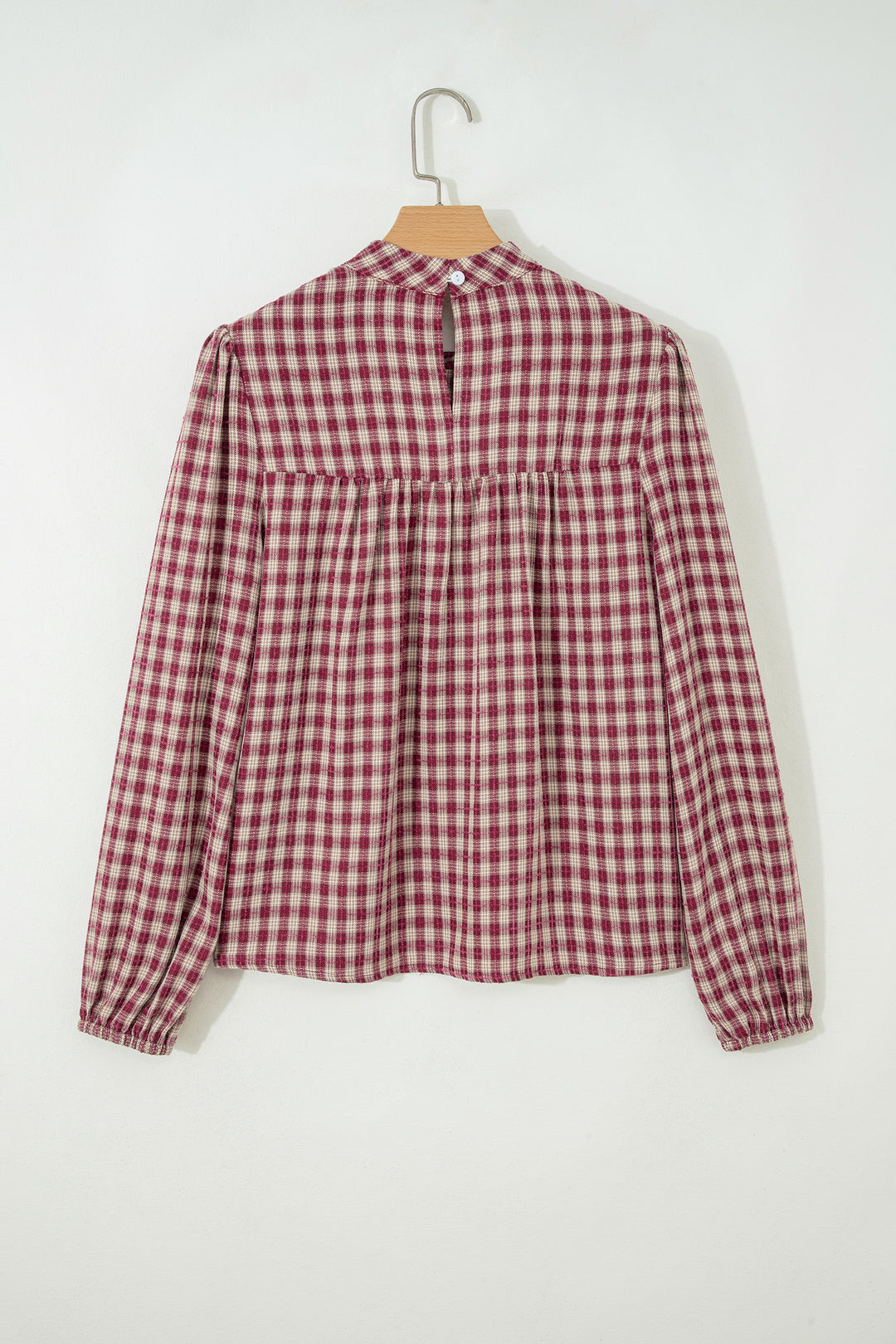 Coral Country Plaid Long Sleeve Button Keyhole Pleated Loose Blouse