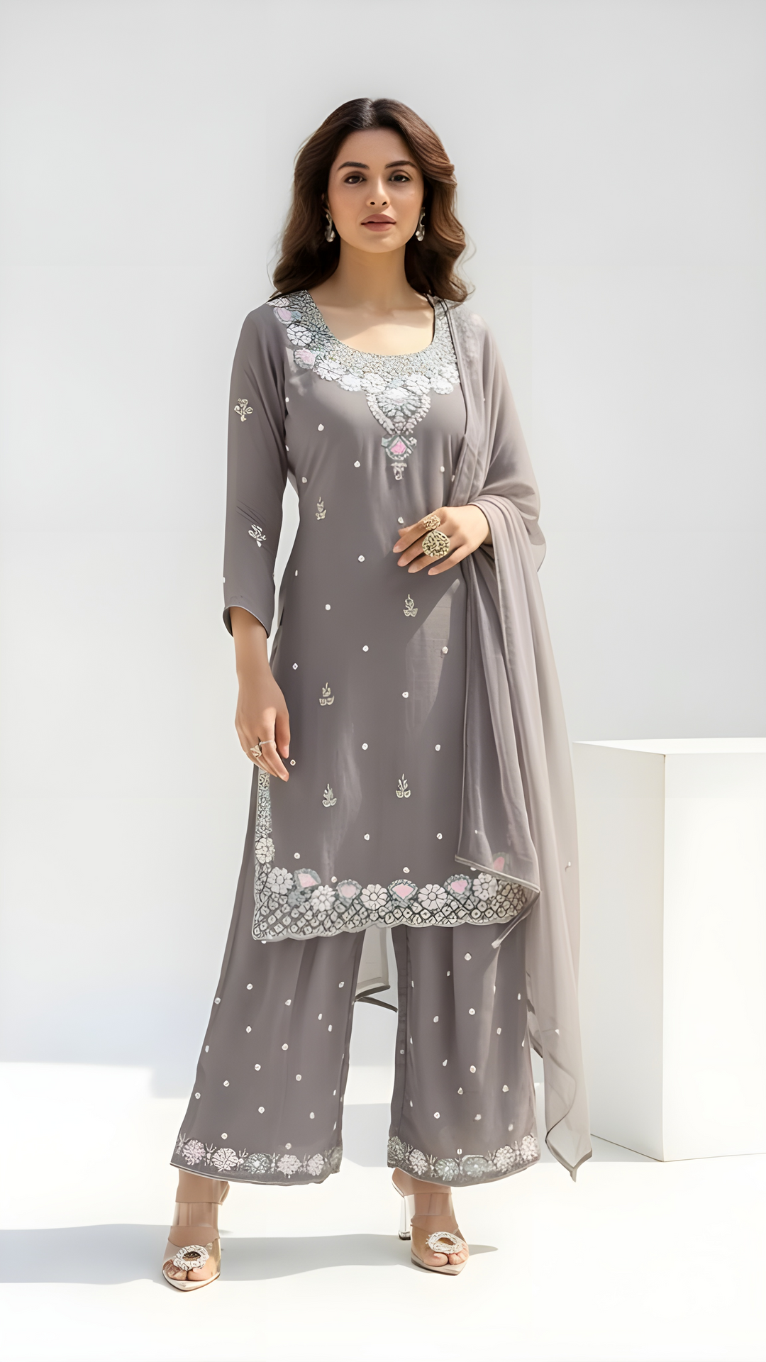Gray with Light Pink Embroidery Premium Kurtha Set 3 Piece