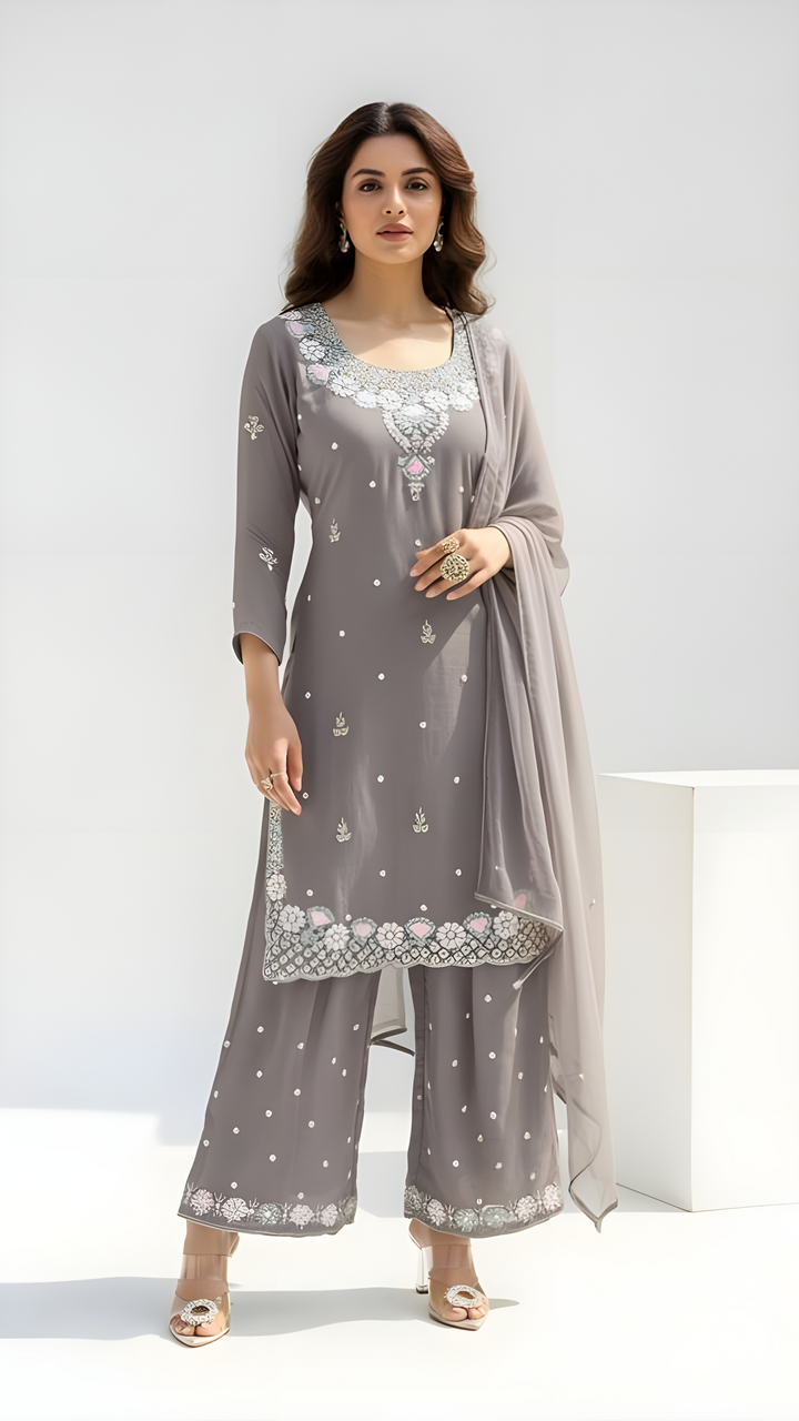 Gray with Light Pink Embroidery Premium Kurtha Set 3 Piece