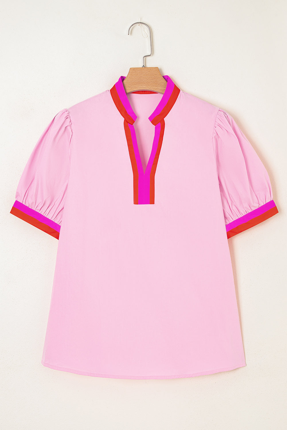 Pink Contrast Cotton Striped V Neck Collision Short Puff Sleeve Blouse