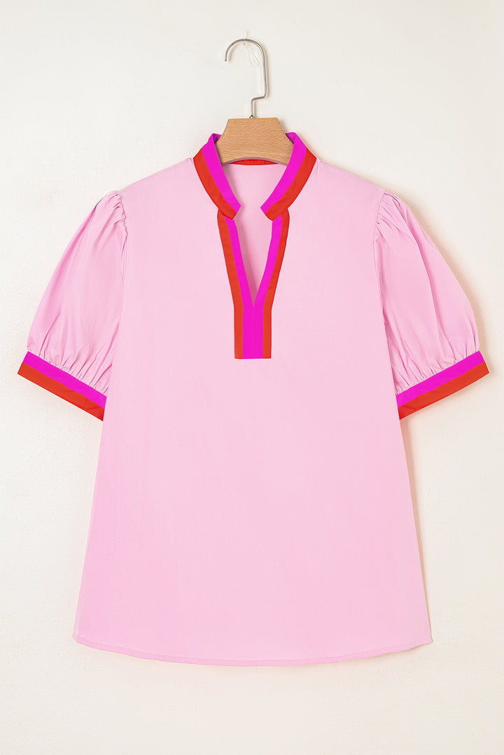 Pink Contrast Cotton Striped V Neck Collision Short Puff Sleeve Blouse