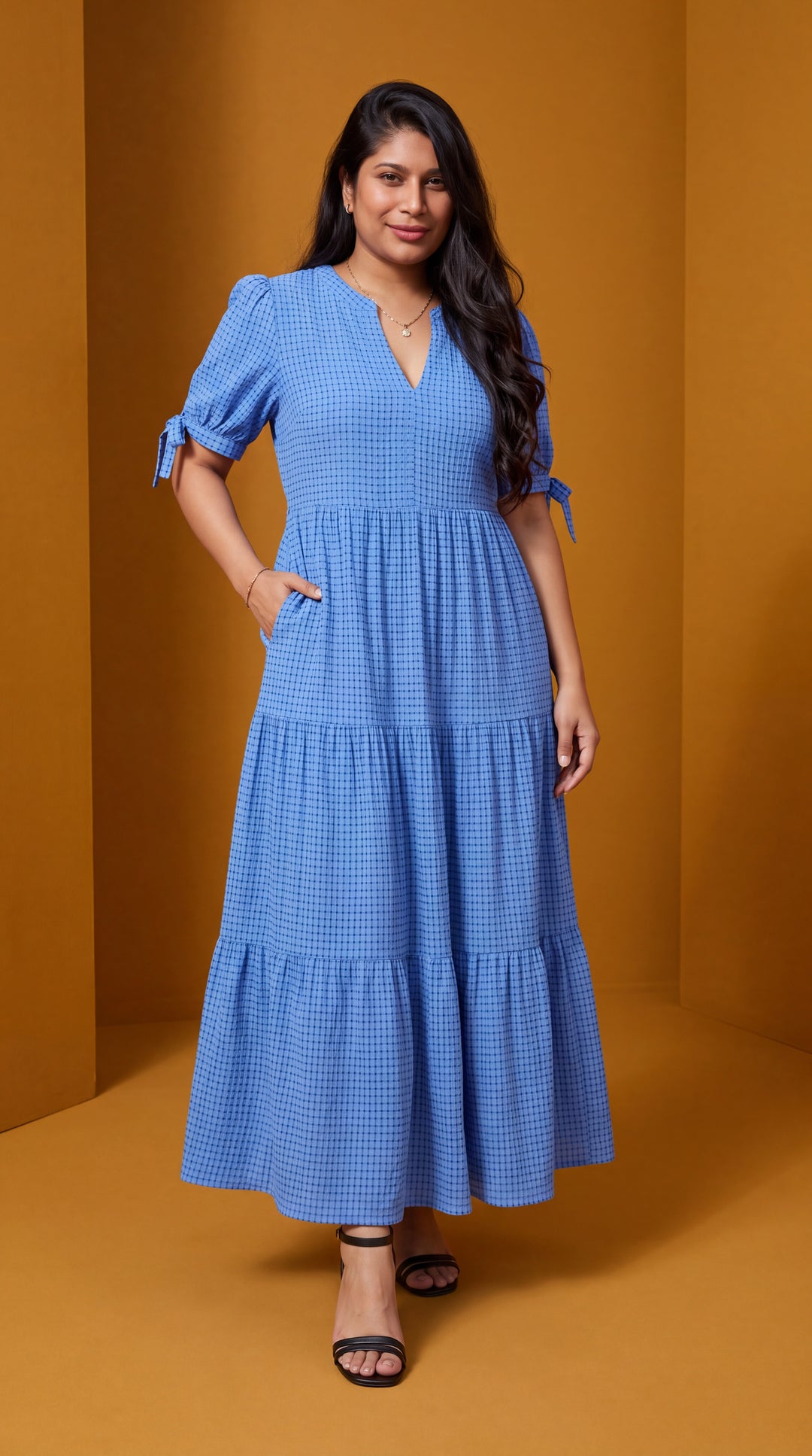 Dusk Blue Gingham Textured Bow Tie Short Sleeve Tiered Midi Dress