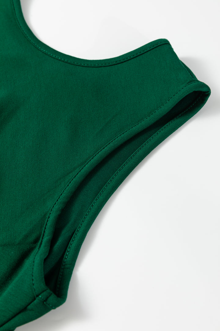 Blackish Green Solid Color Round Neck Ruched Detail Sleeveless Mini Dress