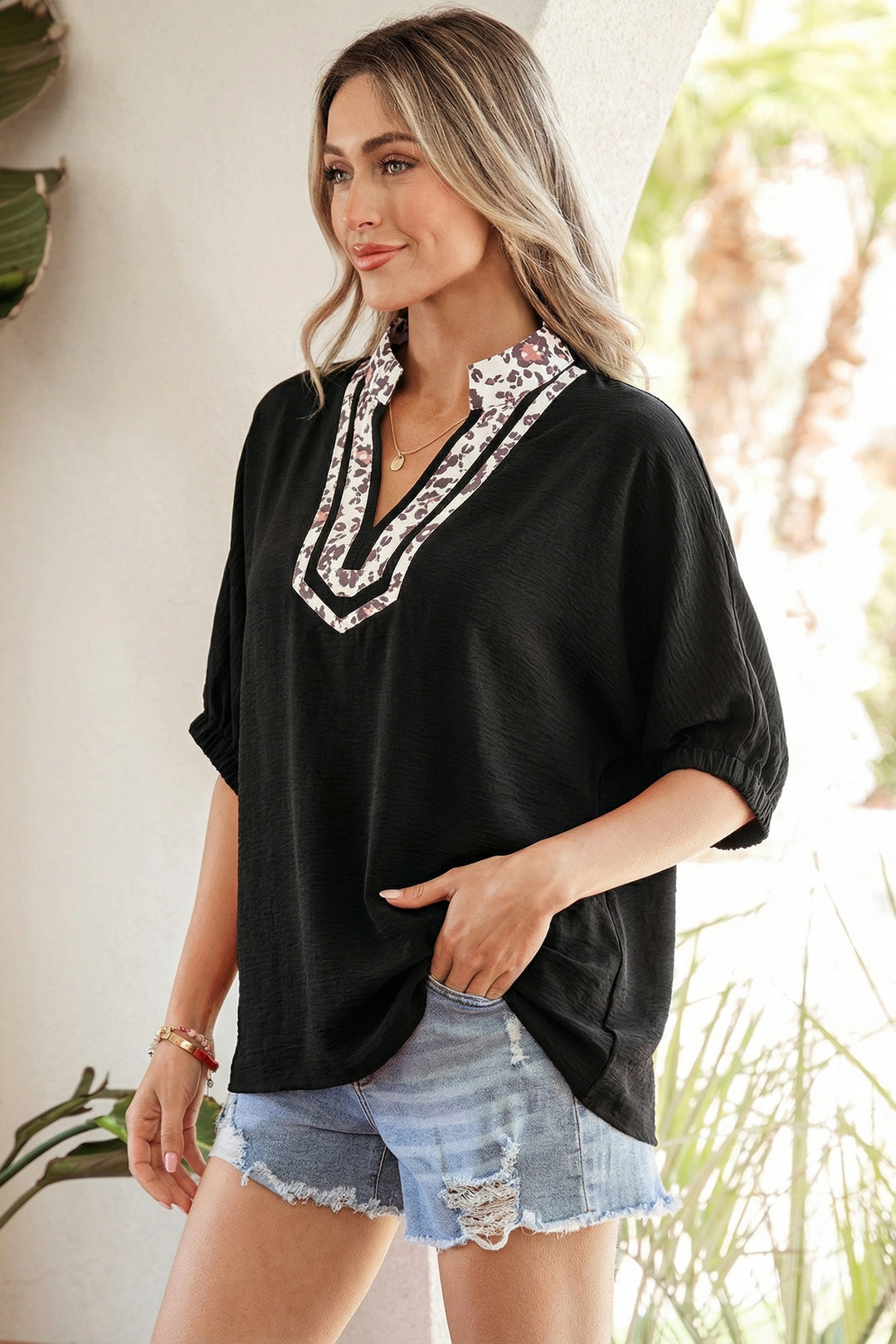 Black Dolman Half Sleeve Leopard Patchwork Trim V Neck Blouse