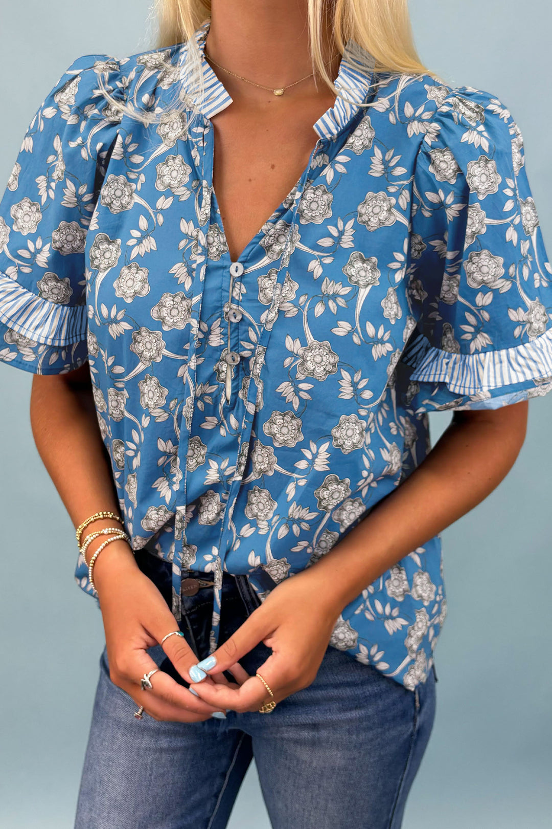 Blue Floral Print Button Tie Neck Striped Detail Short Sleeve Blouse