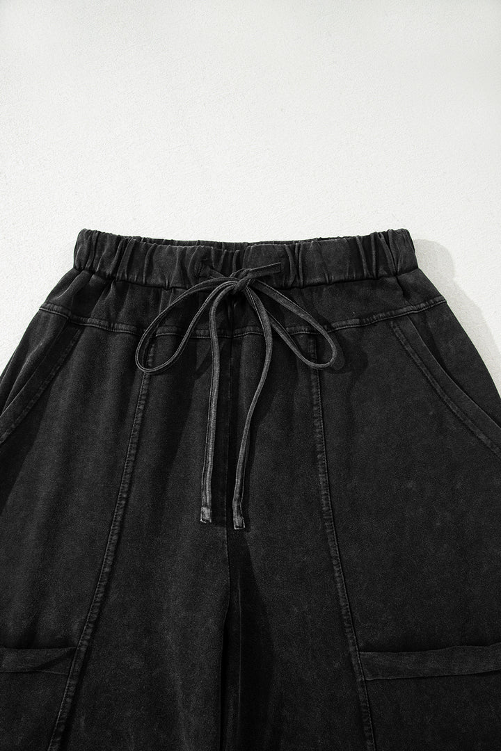 Black Mineral Wash Exposed Seam Drawstring Elastic Waistband Wide Leg Cargo Pants